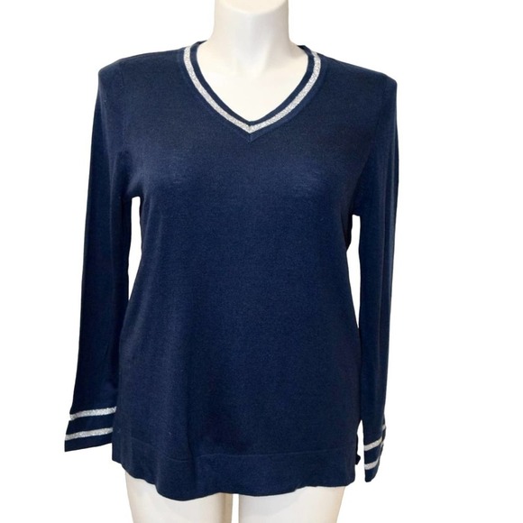 Charter Club Navy and silver knitted long sleeve V-Neck sweater - Picture 1 of 2